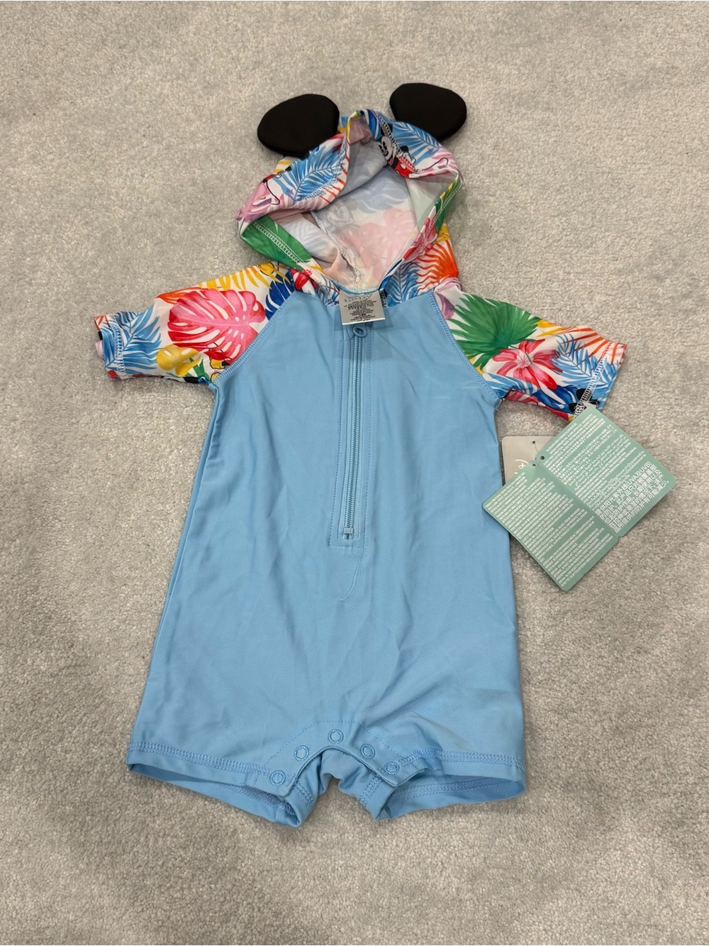 Disney Light Blue One-Piece Swimsuit with Tropical Print Hood and Sleeves